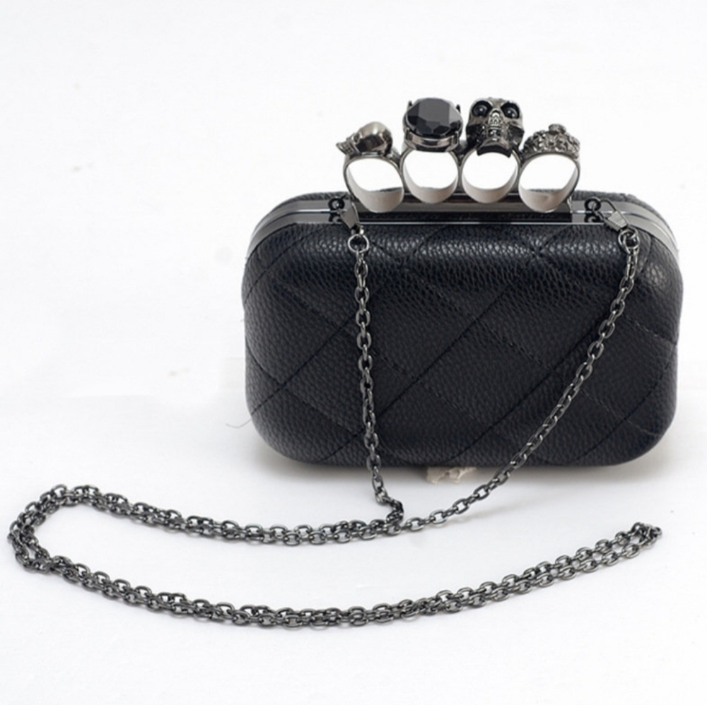 Black Knuckle Clutch with Skull Jeweled Detail